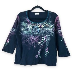 Jamee J Y2K Les Voyages Au Theatre Black Printed Embellished Top Size XL